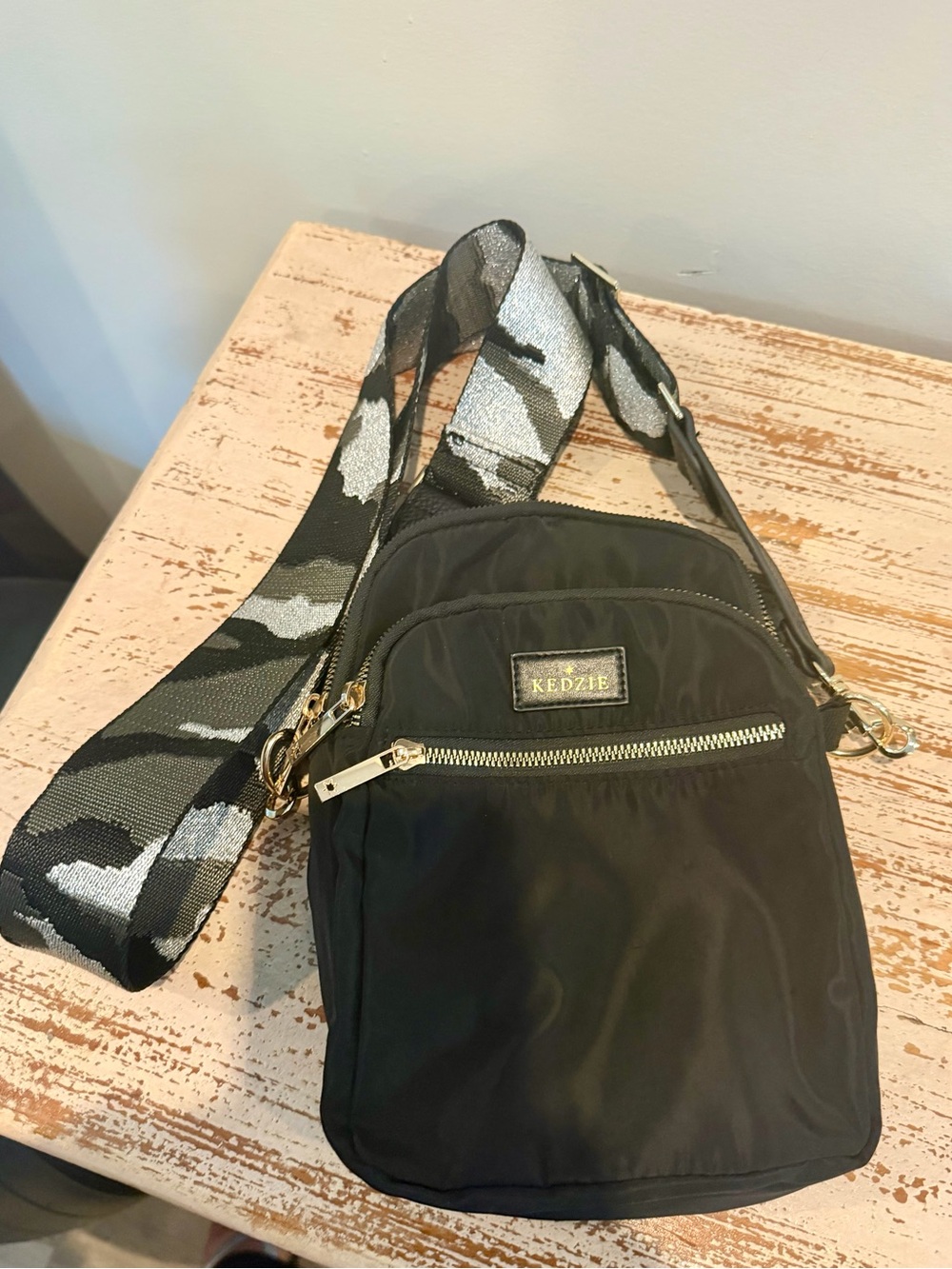 Kedzie Black Crossbody Bag with Camouflage Strap